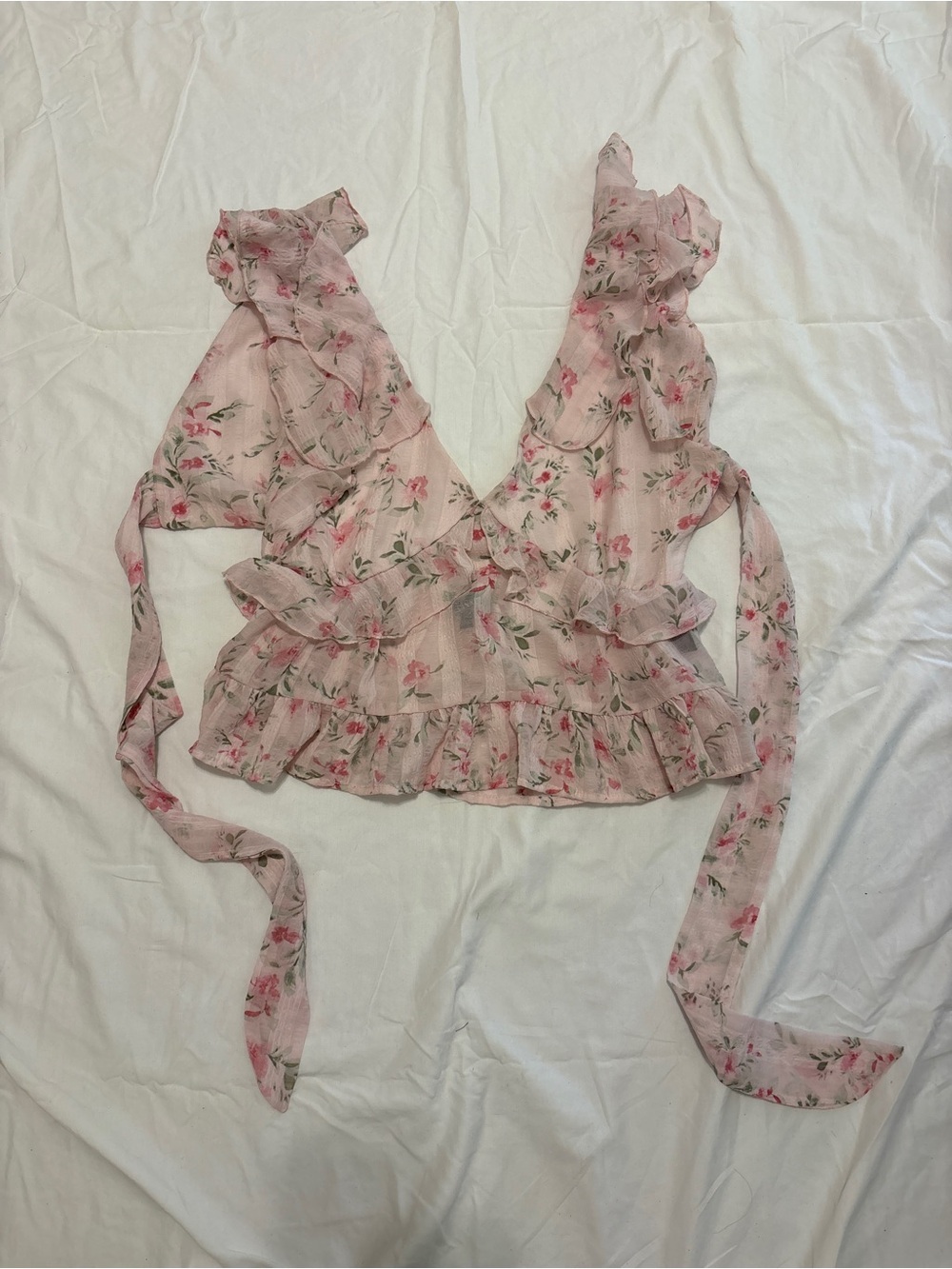 Floral Ruffle Tie-Back Crop Top - Pink